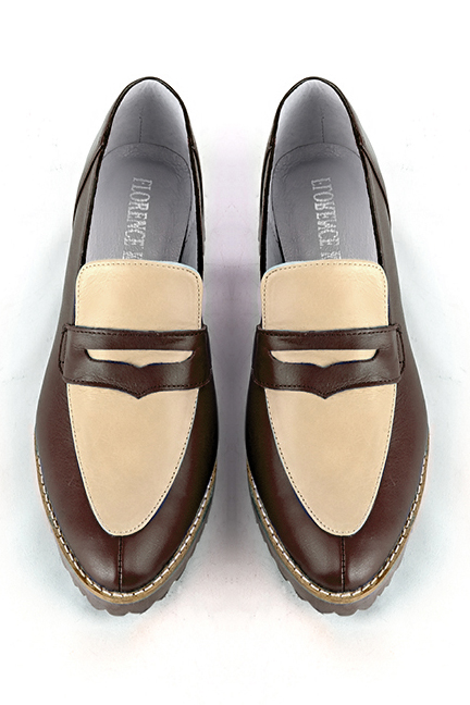 Navy blue and champagne beige women's casual loafers. Round toe. Flat rubber soles. Top view - Florence KOOIJMAN